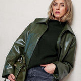 Pullover de Gola Alta em Malha Verde Escuro com Mangas Balão