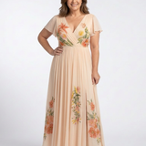 Calista | Vestido Maxi Floral Plissado de Manga Curta com Decote em V