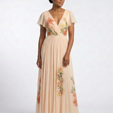 Calista | Vestido Maxi Floral Plissado de Manga Curta com Decote em V