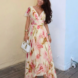 Elara | Vestido Maxi Floral de Manga Curta com Decote em V