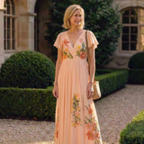 Calista | Vestido Maxi Floral Plissado de Manga Curta com Decote em V