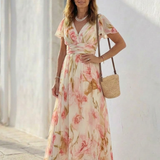 Elara | Vestido Maxi Floral de Manga Curta com Decote em V