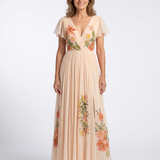 Calista | Vestido Maxi Floral Plissado de Manga Curta com Decote em V