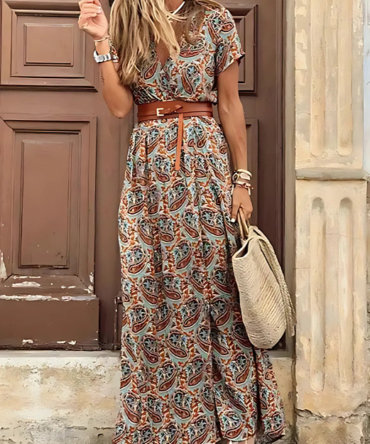 Justine™ – Vestido longo boémio fluido com cinto