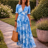 Ione | Vestido Midi Floral de Manga Curta com Decote em V