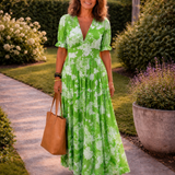 Ione | Vestido Midi Floral de Manga Curta com Decote em V
