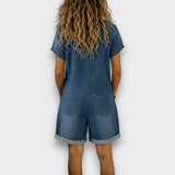 Joan™ | Salopete curta em algodão efeito denim