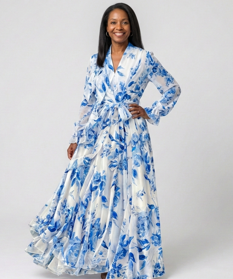 Lillian | Vestido Maxi Envolvente de Manga Longa Floral