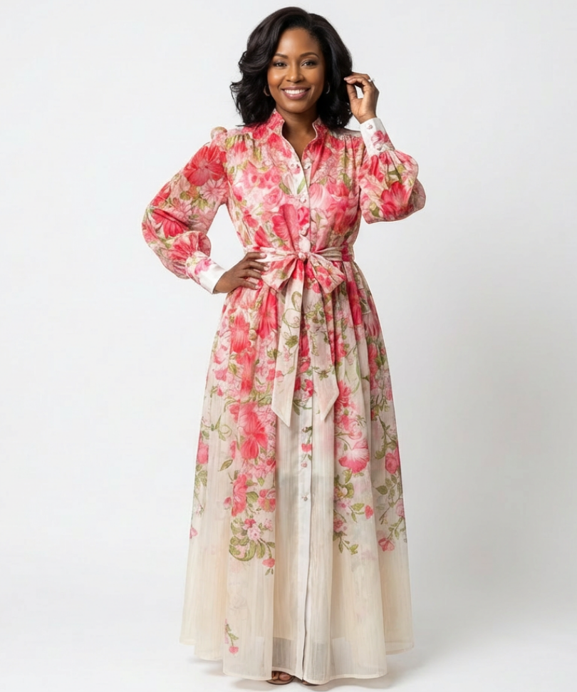 Cressida | Vestido Maxi Floral Transparente de Manga Longa